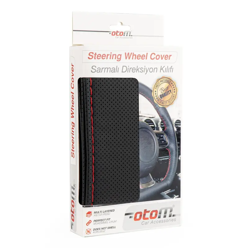 Husa volan otom din piele ecologica "perforata" pentru autoturisme, diametru volan 37 - 39 cm, cu ac si ata rosie