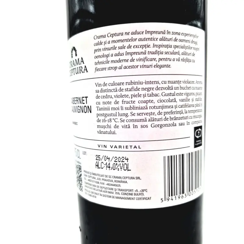 Eticheta metalica auriu inchis, model palos, vin rosu cabernet sauvignon, demisec, 750ml, 13.5% alcoolv