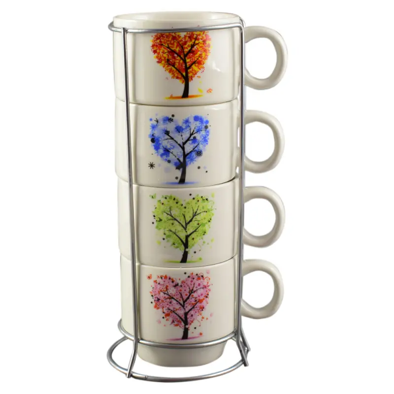 Set 4 cesti, design copac cu inimi, pentru cafea cu suport metalicv