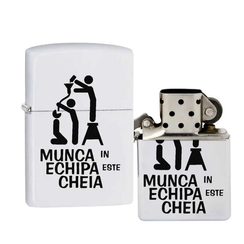 Munca in echipa, bricheta metalica gravata laser cu mesajv