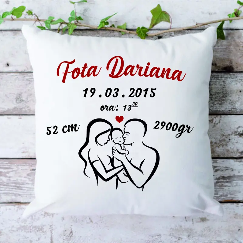 Nume si date de nastere, perna cu mesaj, 40 cm