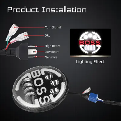 Lampa suplimentara led pentru vehicule off-road, atv, ssv, cu inscriptie "boss" si functii: faza lunga, faza scurta, semnalizare, pozitie, tensiune alimentare 9 - 36v, diametru Ø170 mm
