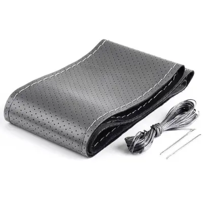 Husa volan din piele gri + ata gri, diametru 37 - 39 cm (se coase, aspect original)