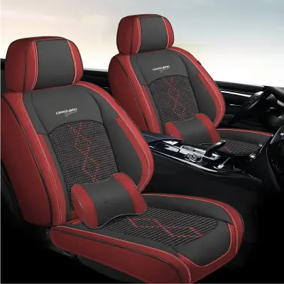 Huse auto premium 5 locuri carguard deluxe piele ecologica perforata si textil - rosu inchis - negru