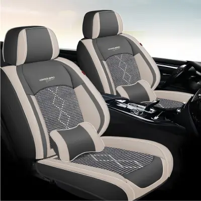 Huse auto premium 5 locuri carguard deluxe piele ecologica perforata si textil  - gri deschis - gri inchis