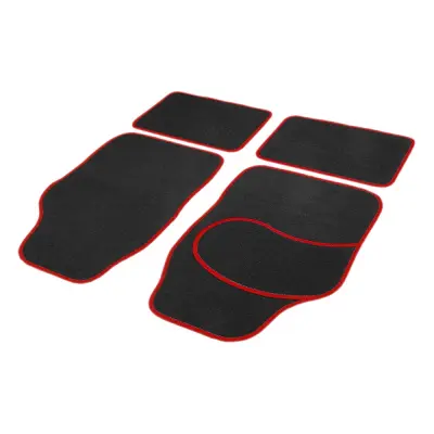 Set 4 covorase auto din mocheta, model universal, culoare negru cu margine rosie, dimensiuni fata 64 x 44cm | spate 44 x 29cm