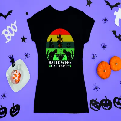Halloween cat party, tricou cu mesaj