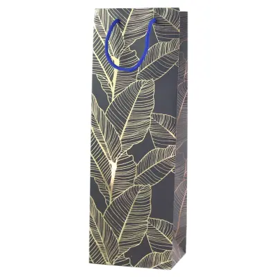Punga cadou bauturi din hartie 12x35 cm, frunze aurii