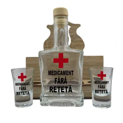 Medicament fara reteta, suport din lemn cu sticla si 2 pahare, model hgs011