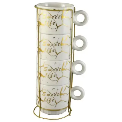 Set 4 cesti din ceramica cu suport metalic  sweet life   220 ml