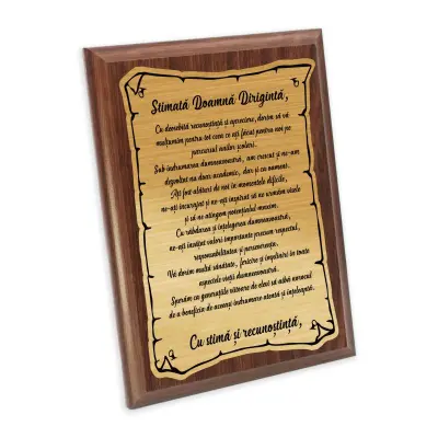 Stimata doamna diriginte, placheta lemn personalizata prin gravura