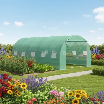 Solar de gradina, dimensiune 500x300x200cm, folie verde pe cu plasa 140g/mp uv, 1 usa, 10 ferestre, teava otel galvanizat de 19mm
