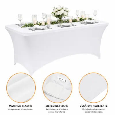 Husa pentru masa dreptunghiulara, culoare alba, elastica, dimensiune 180 x 70 x 74cm
